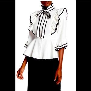 Gracia - Pipe Trim Ruffle Mock Neck Blouse